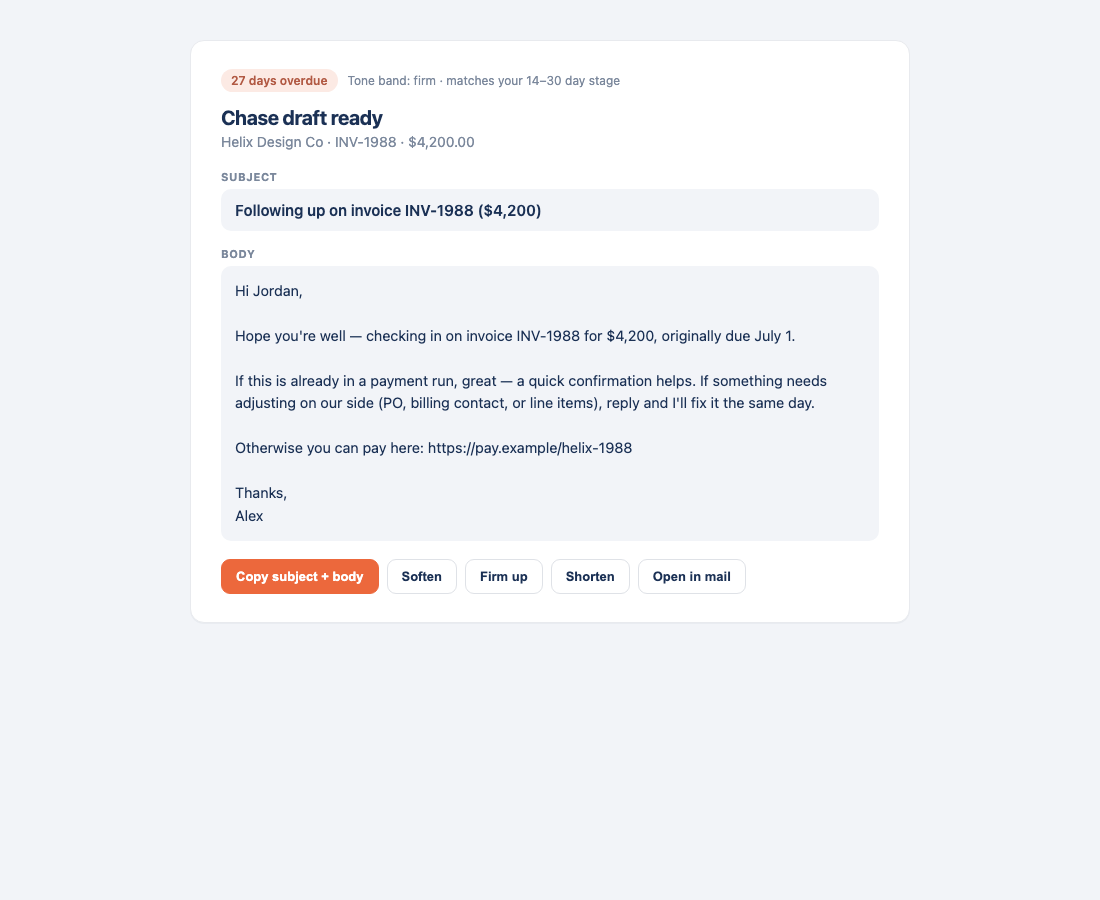 docstoc chase draft with firm tone band for a 27-day overdue invoice